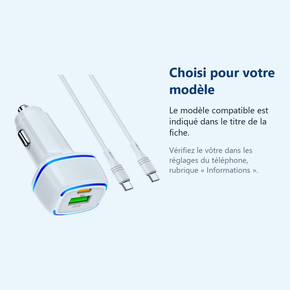 Accessoire ajusté au modèle exact – Chargeur voiture USB + Type C - QC 3.0 PD 20W 3A pour Samsung A13 / A53 / S21 / S22 / Plu