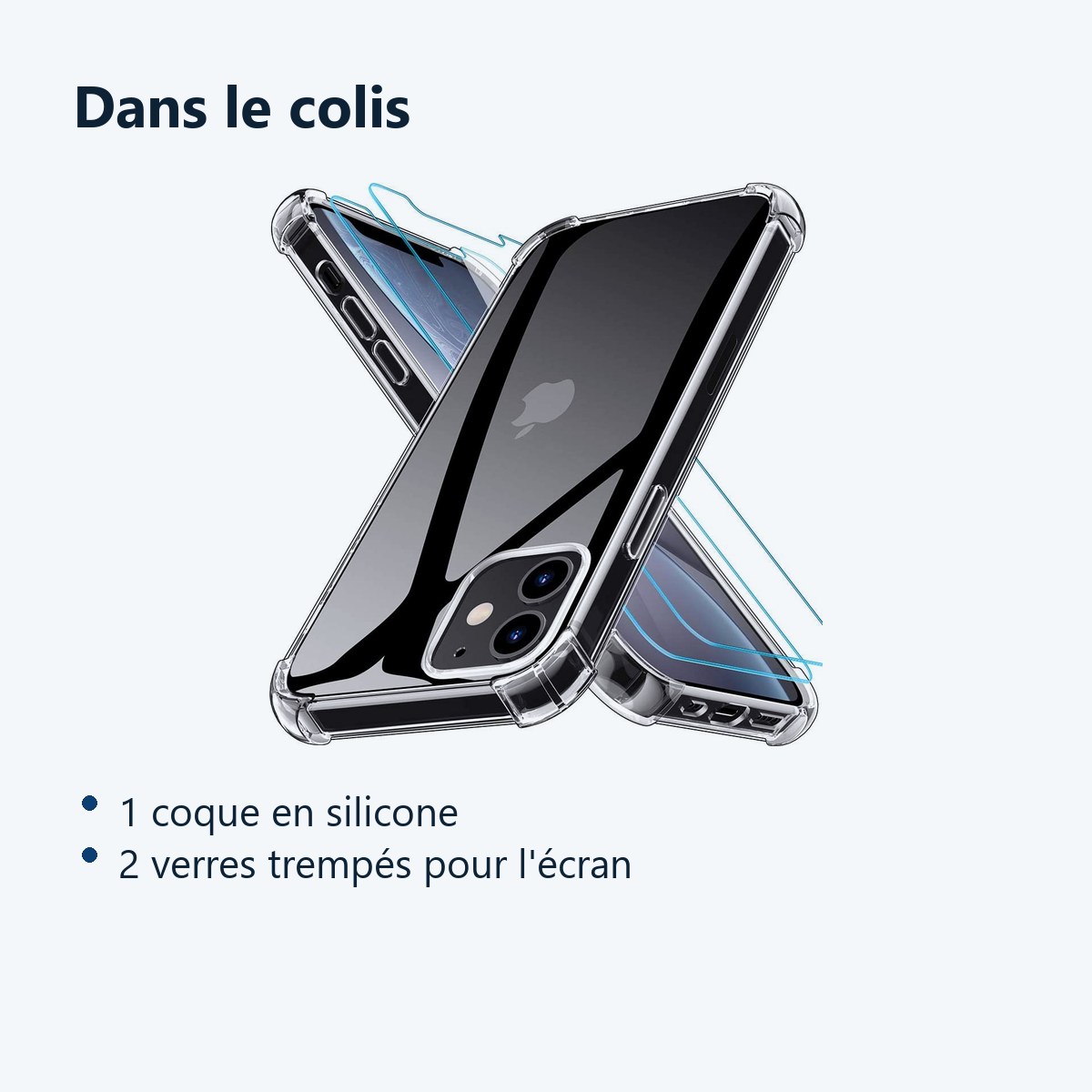 Contenu du colis – Coque Silicone Angles Renforces + 2 Vitres Protection Ecran Pour Apple iPhone 12