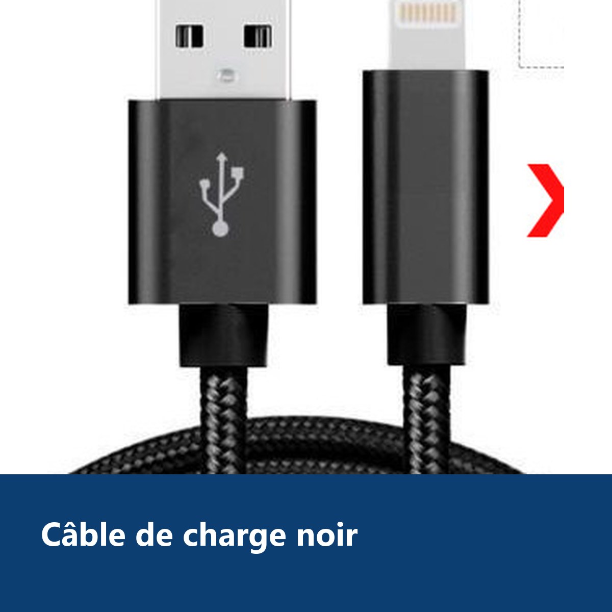 Vue de détail – X5 Cable Metal Nylon Renforce Chargeur USB Couleur Noir pour IPhone Longueur 2m Tréssé Compatible IPhone 5s/6