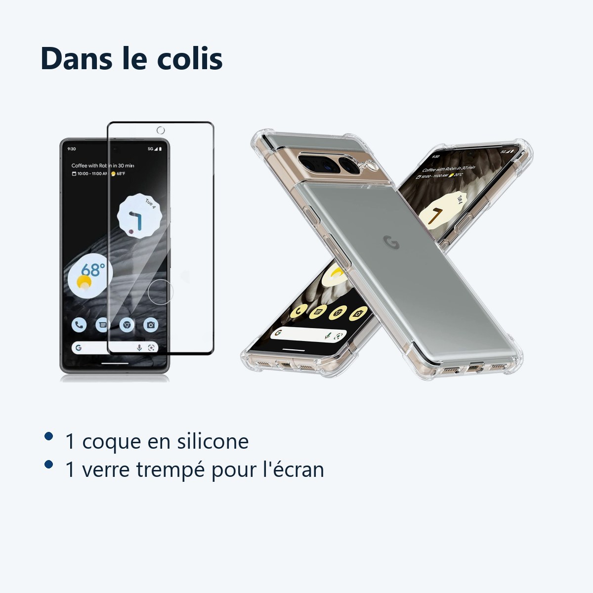 Contenu du colis – Coque Silicone Angles Renforces + Vitre Protection Ecran Pour Google Pixel 7 Pro 5G