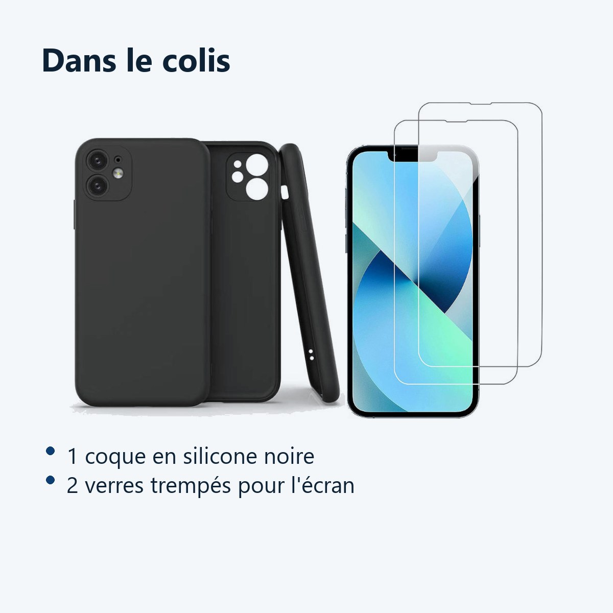 Contenu du colis – Coque Silicone Pour iPhone 13 Couleur Noir Protection Objectif Appareil Photo + 2 Verres Trempe Protectio