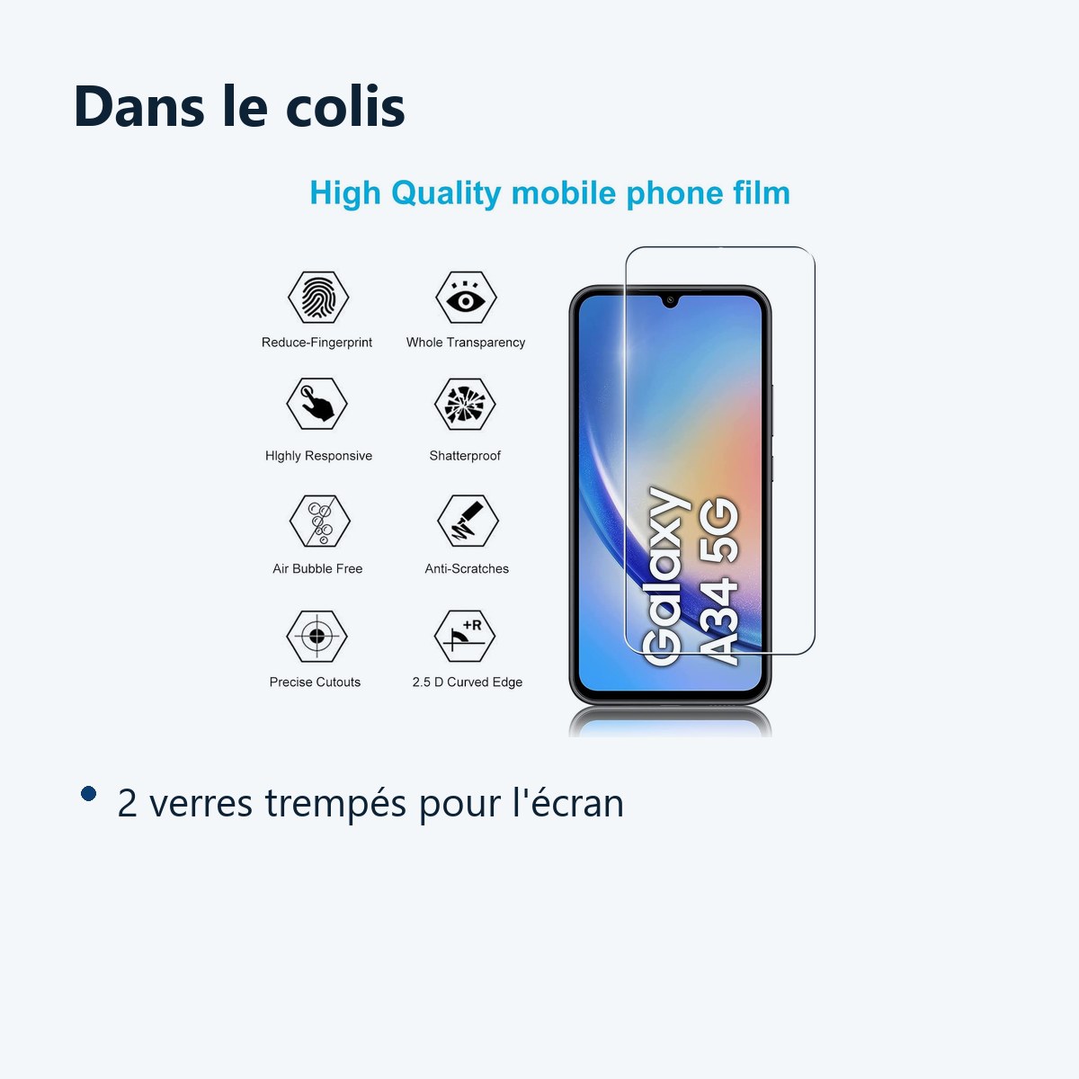 Contenu du colis – Verre Trempé pour Samsung Galaxy A34 5G (6,6 pouces) [Pack 2] Film Vitre Protection Ecran