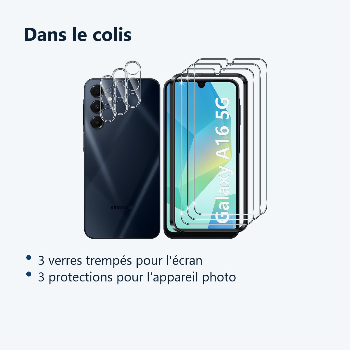 Contenu du colis – Verre Trempe et Protection Camera Arriere Transparent X3 Pour Samsung Galaxy A16