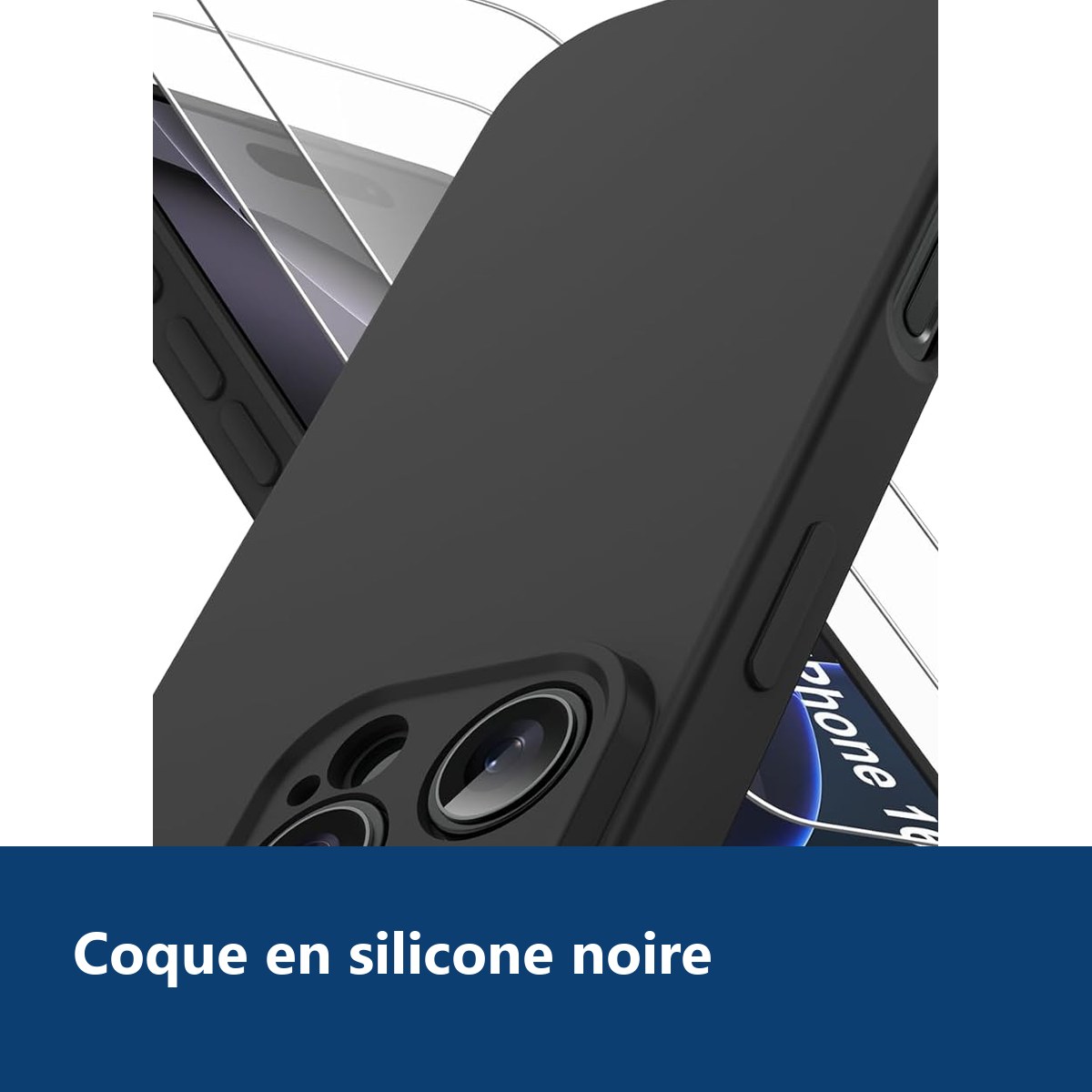 Vue de détail – Coque Pour iPhone 16 Pro Max Silicone Noir + 2 Verres Trempés