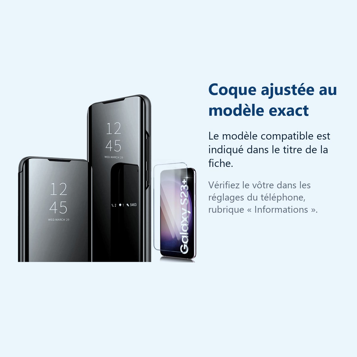 Accessoire ajusté au modèle exact – Coque Folio Rabat Miroir Pour Samsung Galaxy S23 Plus Couleur Noir + Verre Trempé Protect