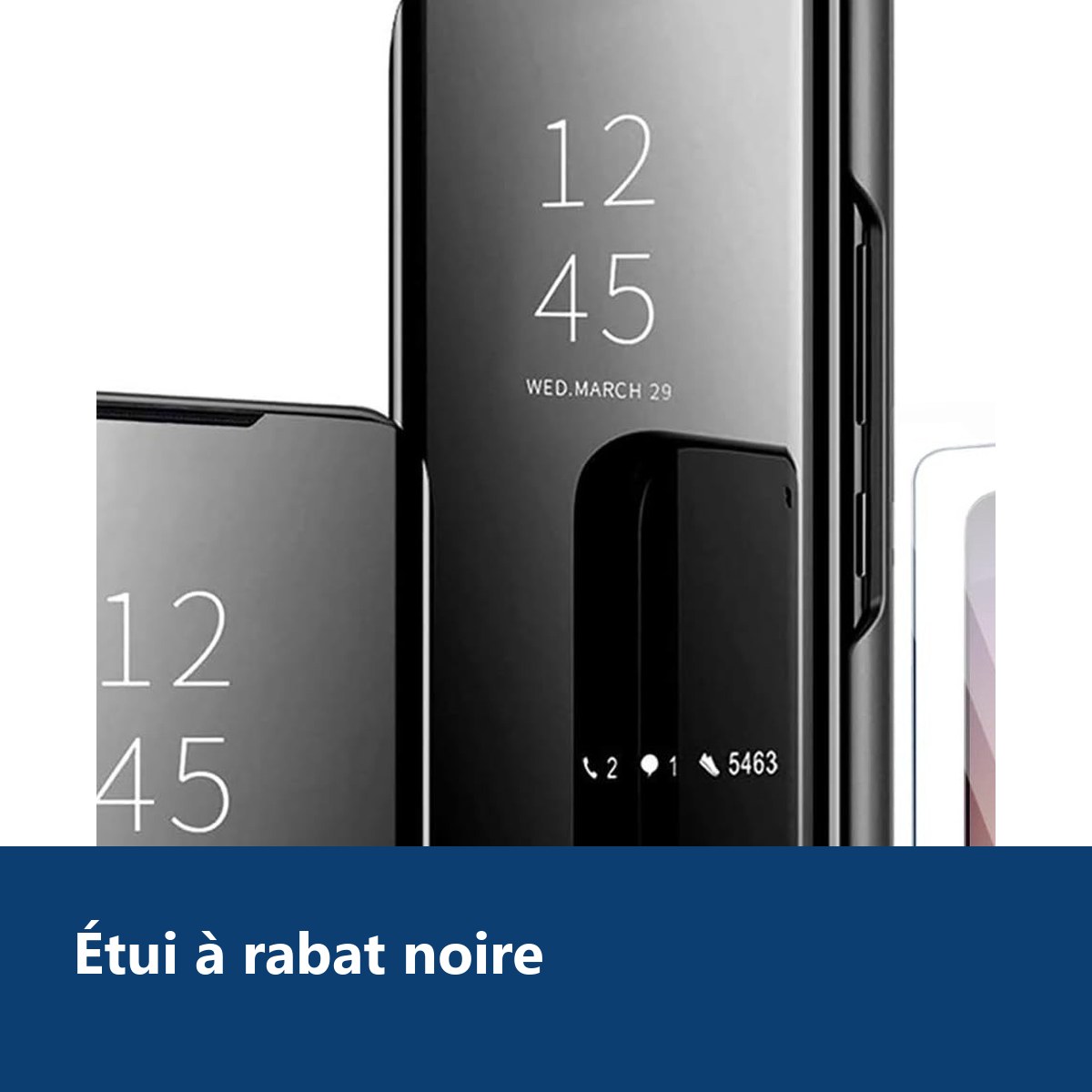Vue de détail – Coque Folio Rabat Miroir Pour Samsung Galaxy S23 Plus Couleur Noir + Verre Trempé Protection Écran
