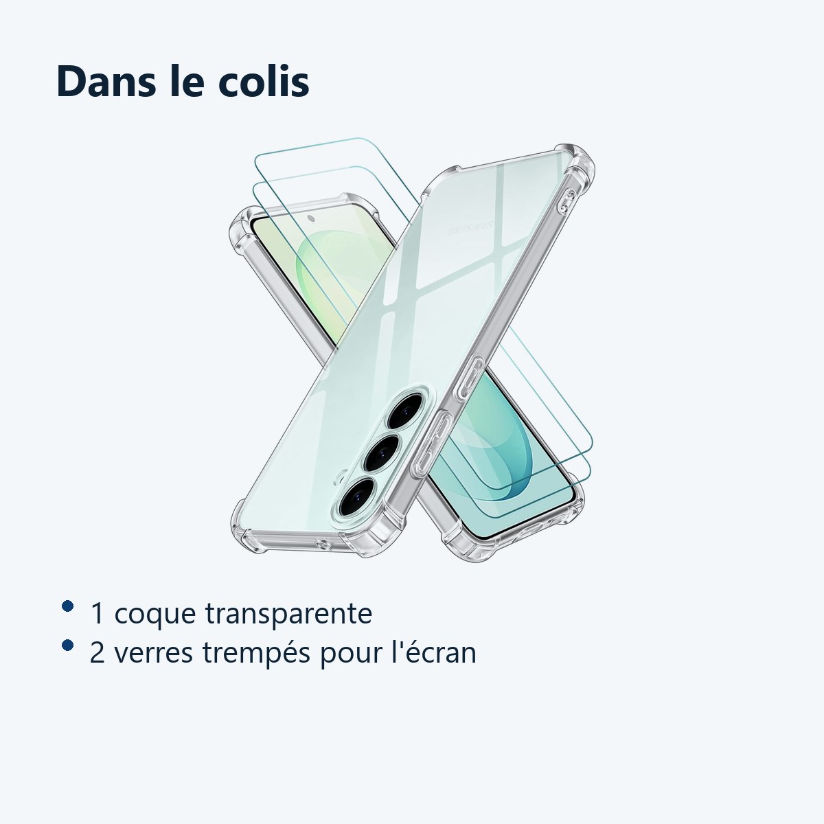 Contenu du colis – Coque Pour Samsung S26 FE Silicone Transparente Angles Renforcés + 2 Verres Trempés