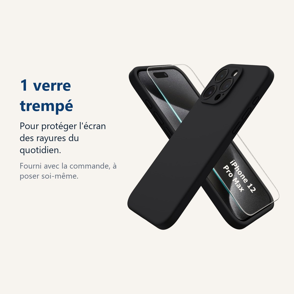 Verre trempé pour protéger lécran – Coque Noir pour iPhone 12 Pro Max (6,7 pouces) et Verre Trempé Film Protection Ecran
