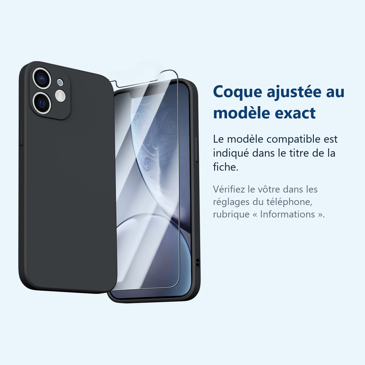 Accessoire ajusté au modèle exact – Coque Noir pour iPhone 12 (6,1 pouces) et Verre Trempé Film Protection Ecran