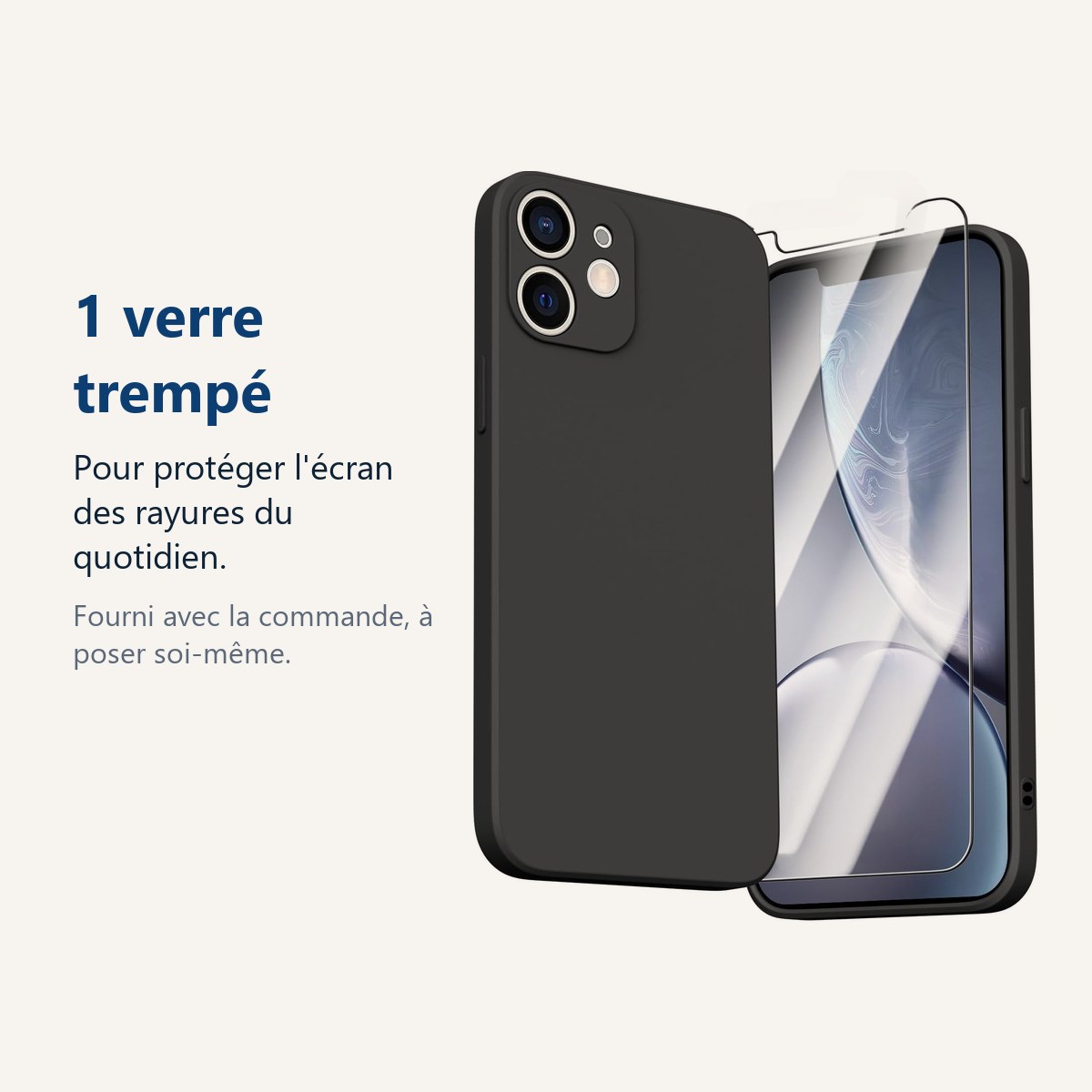 Verre trempé pour protéger lécran – Coque Noir pour iPhone 12 (6,1 pouces) et Verre Trempé Film Protection Ecran