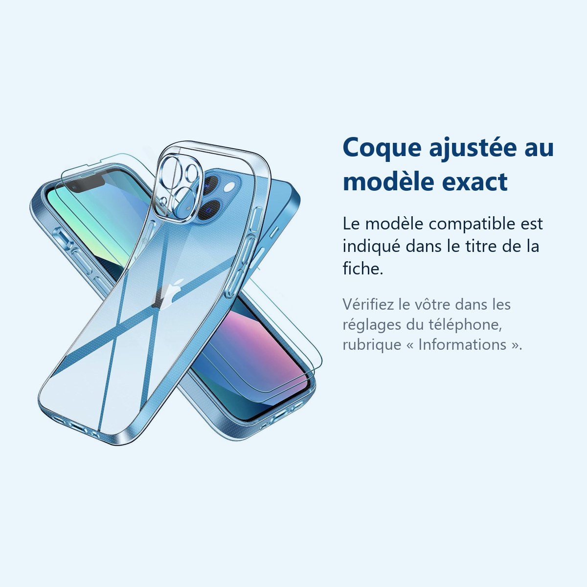 Accessoire ajusté au modèle exact – Coque Transparente pour iPhone 13 (6,1 pouces) et 2 Verres Trempé Film Protection Ecran