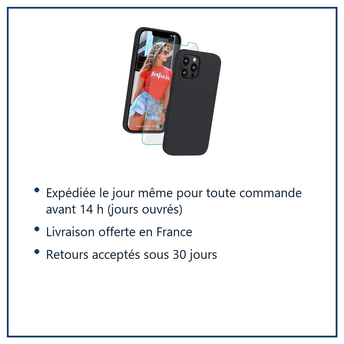 Expédition le jour même, livraison offerte, retours sous 30 jours – Coque Silicone Couleur Noire + Verre Trempé Pour iPhone 1