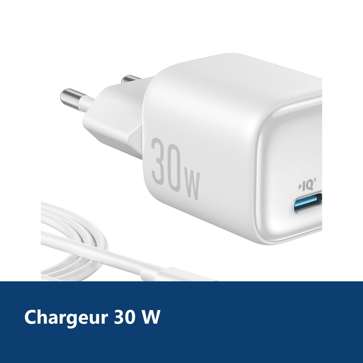 Vue de détail – Chargeur Blanc Rapide 30W + Câble USB C pour Samsung S25 / S25 Plus / S25 Ultra / S24 FE / Z Flip 6 / A16 / A