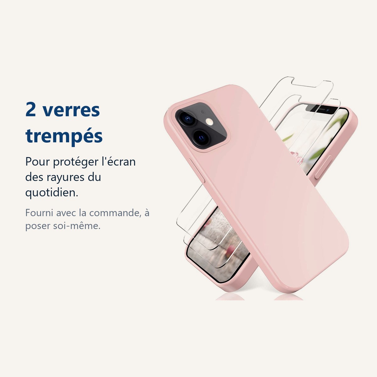 Verre trempé pour protéger lécran – Coque Silicone Rose + 2 Verres Trempés Pour iPhone 13 Mini