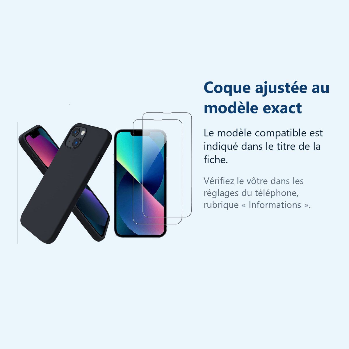 Accessoire ajusté au modèle exact – Coque Pour iPhone 13 Silicone Noir + 2 Verres Trempés