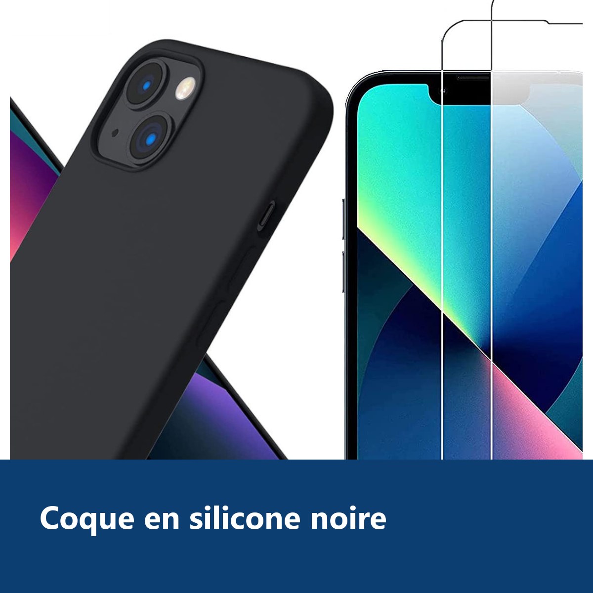 Vue de détail – Coque Pour iPhone 13 Silicone Noir + 2 Verres Trempés