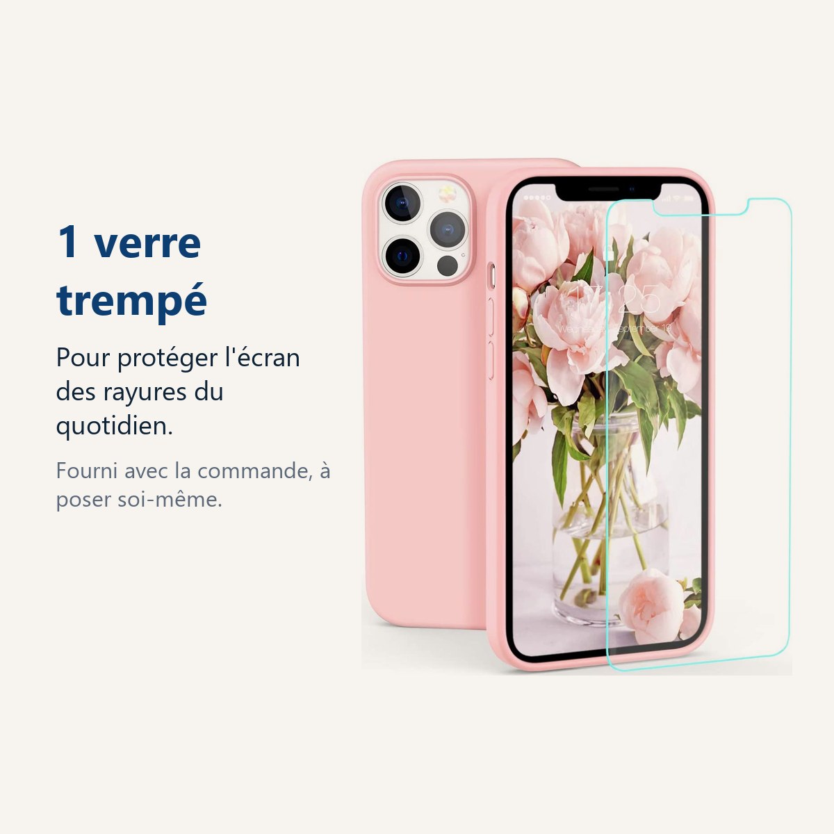 Verre trempé pour protéger lécran – Coque Silicone Rose + Verre Trempé Pour iPhone 13 Pro