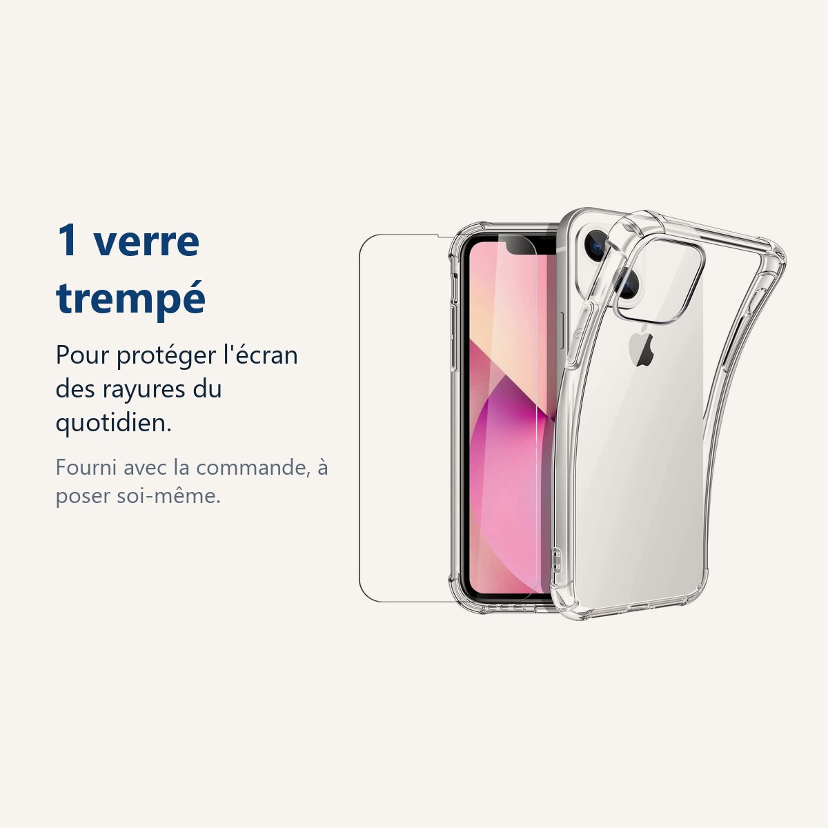 Verre trempé pour protéger lécran – Coque Silicone Transparent 4 Coins Renforcés Pour iPhone 13 + Verre Trempé