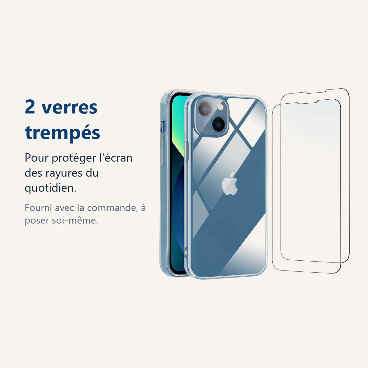 Verre trempé pour protéger lécran – Coque Silicone Transparent Pour iPhone 13 + 2 Verres Trempés