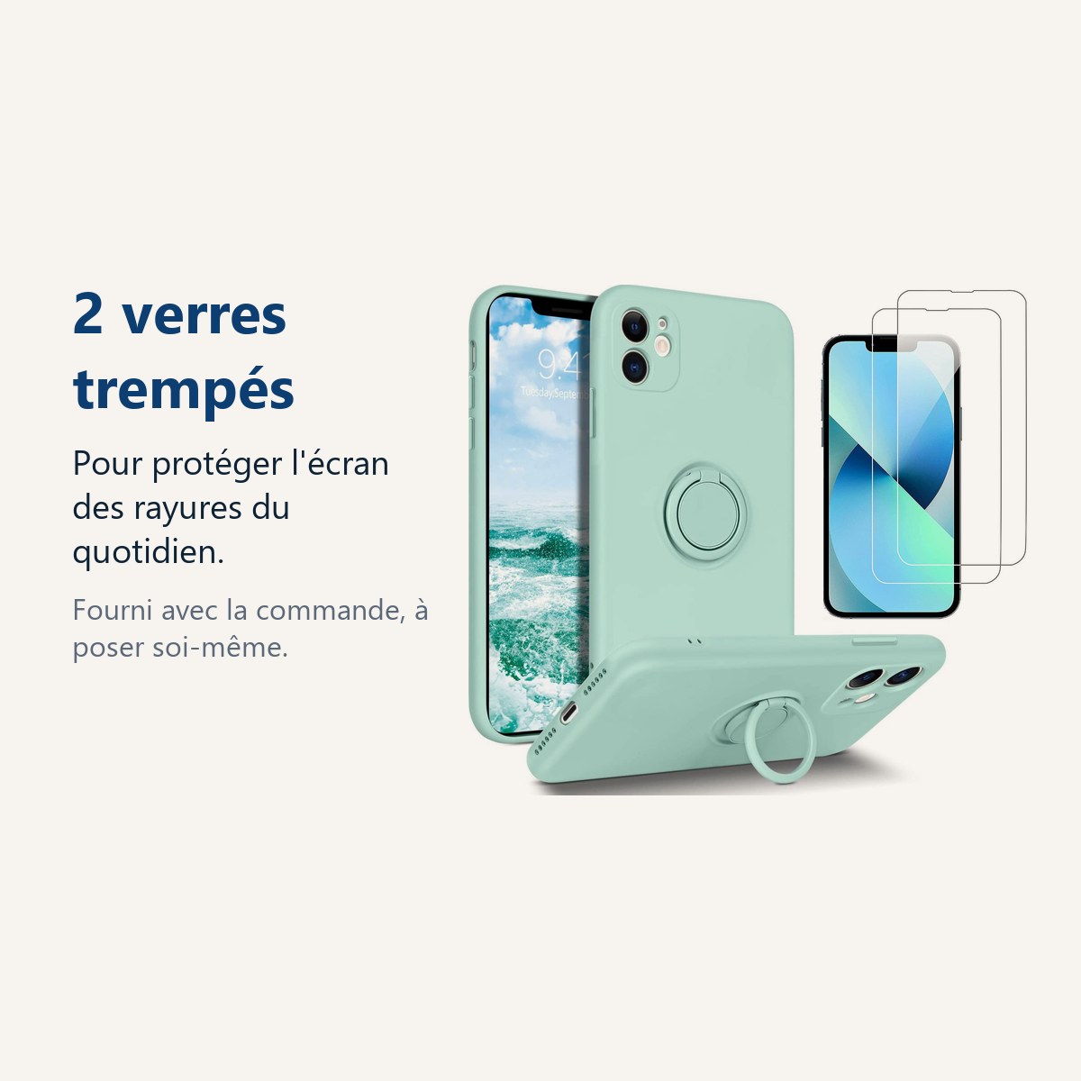 Verre trempé pour protéger lécran – Coque Silicone Pour iPhone 13 Couleur Vert Avec Anneau Support + 2 Verres Trempé Protec