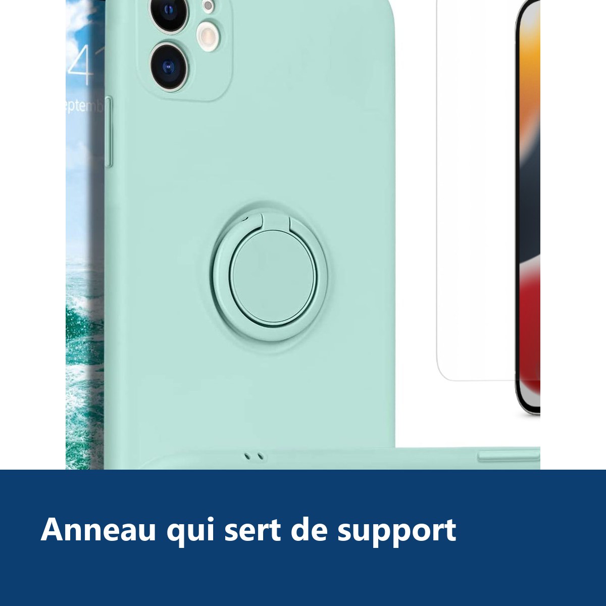 Vue de détail – Coque Silicone Pour iPhone 13 Couleur Vert Avec Anneau Support + Verre Trempé Protection Écran
