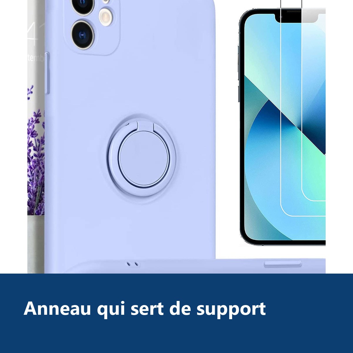 Vue de détail – Coque Silicone Pour iPhone 13 Couleur Bleu Avec Anneau Support + 2 Verres Trempé Protection Écran