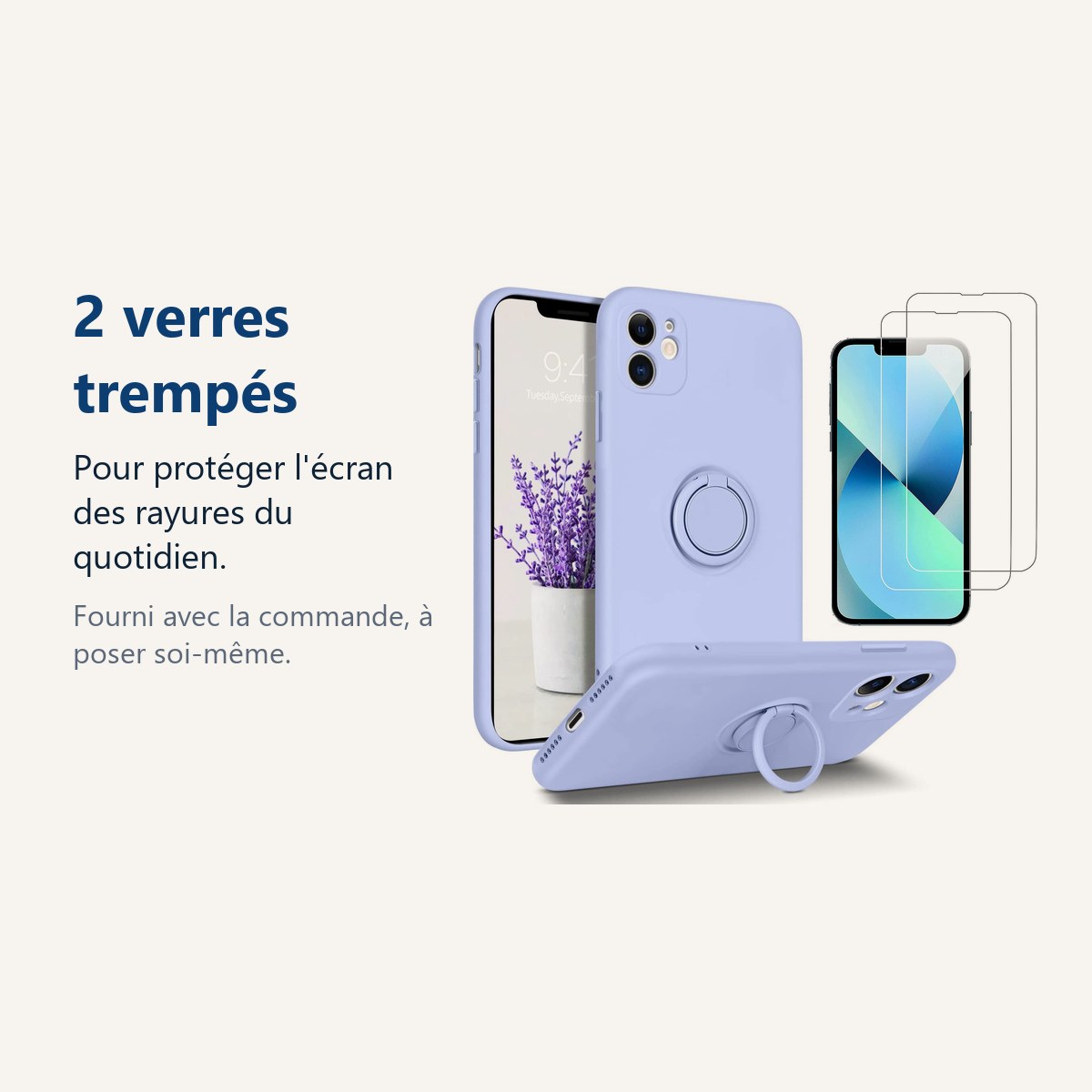 Verre trempé pour protéger lécran – Coque Silicone Pour iPhone 13 Couleur Bleu Avec Anneau Support + 2 Verres Trempé Protec