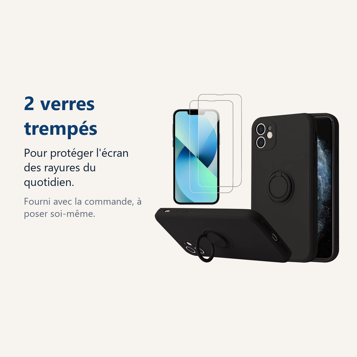 Verre trempé pour protéger lécran – Coque Silicone Pour iPhone 13 Couleur Noir Avec Anneau Support + 2 Verres Trempé Protec