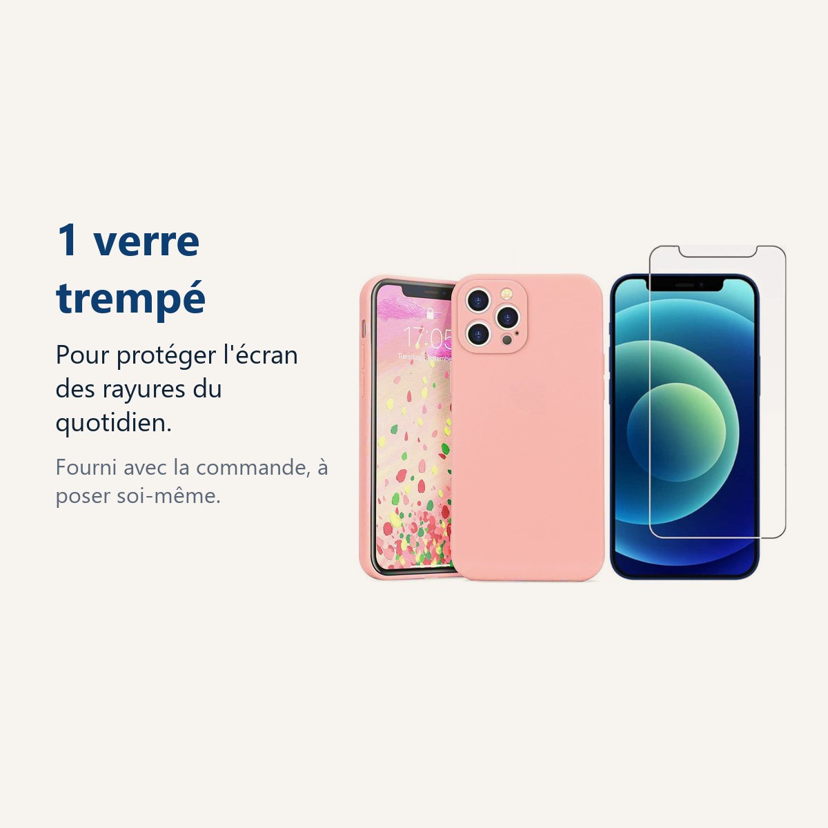 Verre trempé pour protéger lécran – Coque Silicone Couleur Rose + Verre Trempé Pour iPhone 12 Pro Max
