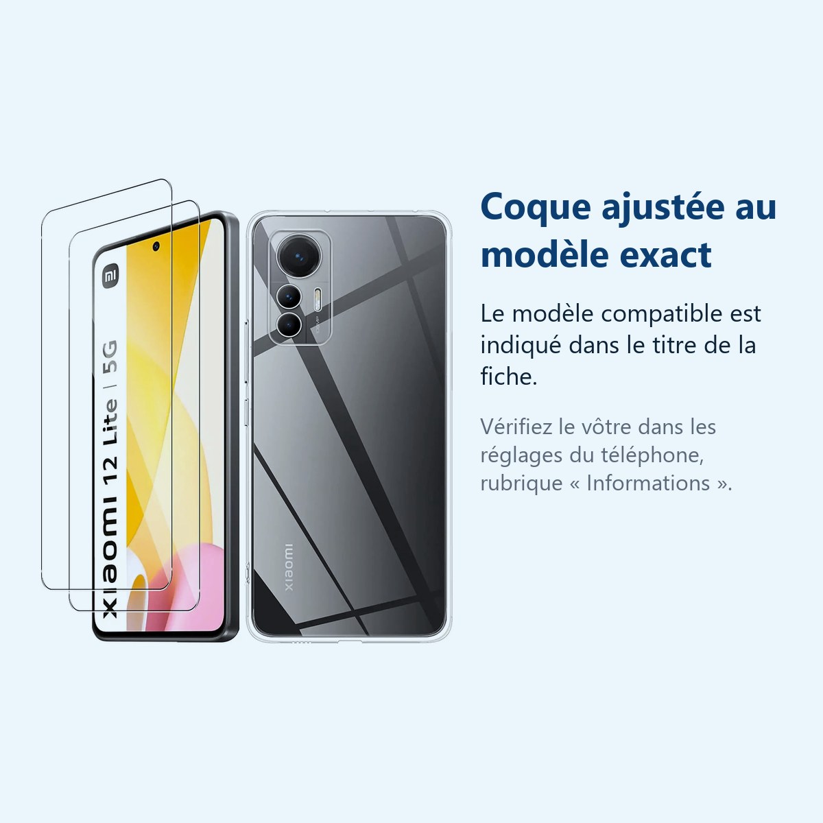 Accessoire ajusté au modèle exact – Coque Silicone Transparente + 2 Vitres Protection Écran Pour Xiaomi 12 Lite