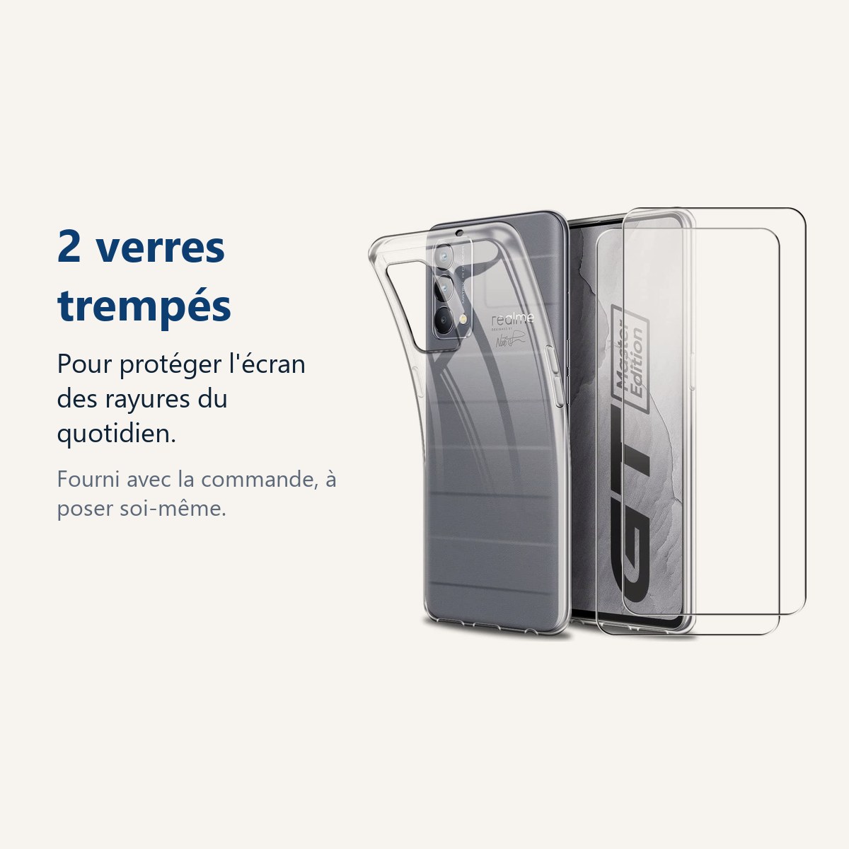 Verre trempé pour protéger lécran – Coque Silicone Transparente + 2 Verres Trempés Pour Realme GT Master