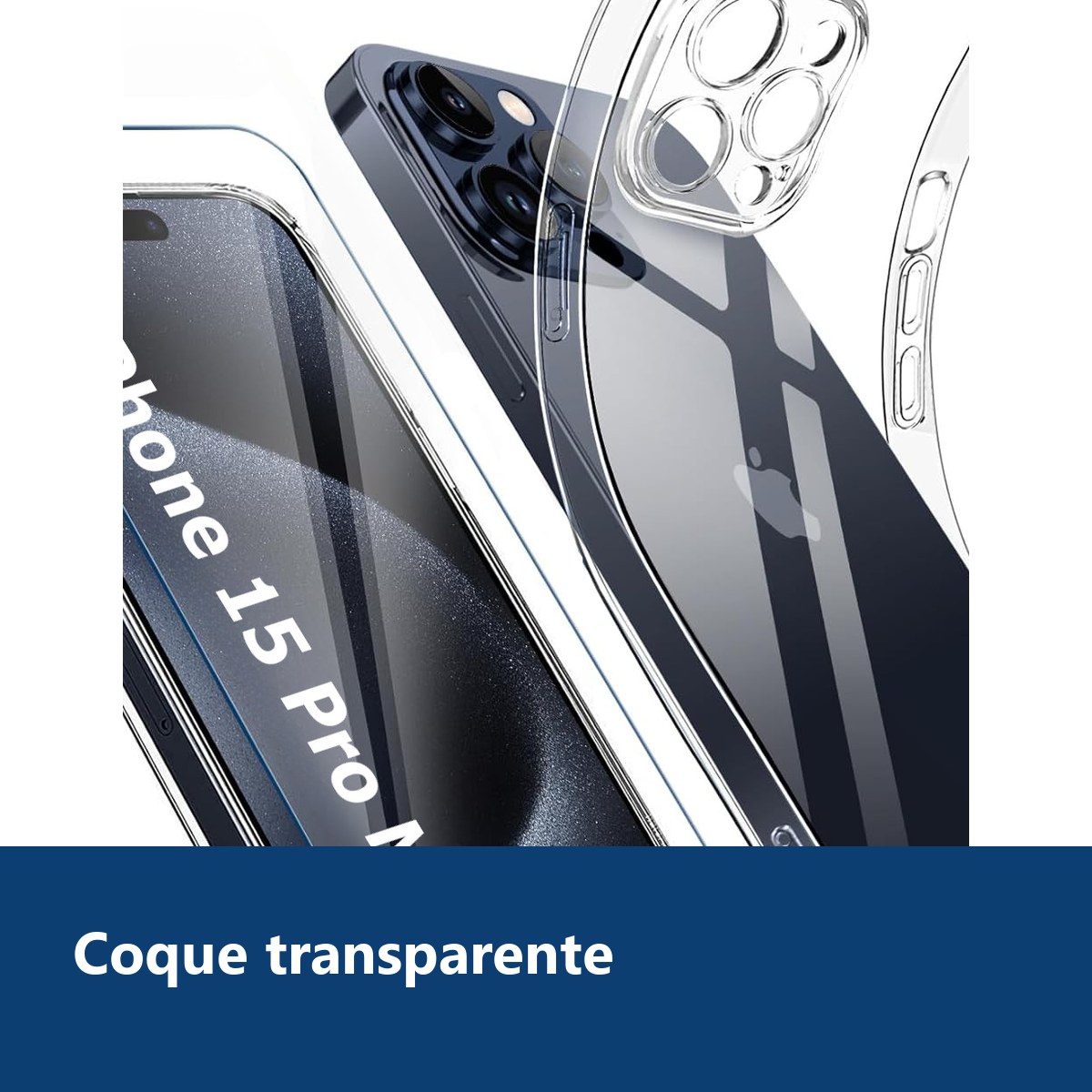 Vue de détail – Coque Silicone Transparente + Verre Trempé Pour iPhone 15 Pro Max / Ultra