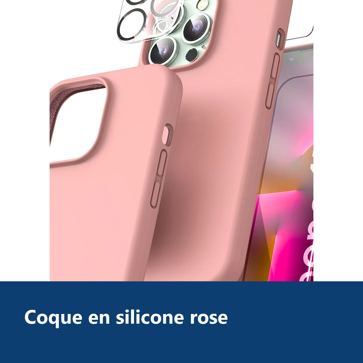 Vue de détail – Coque Silicone Rose + Verres Trempés et Protections Caméra Arrière X2 Pour iPhone 13 Pro