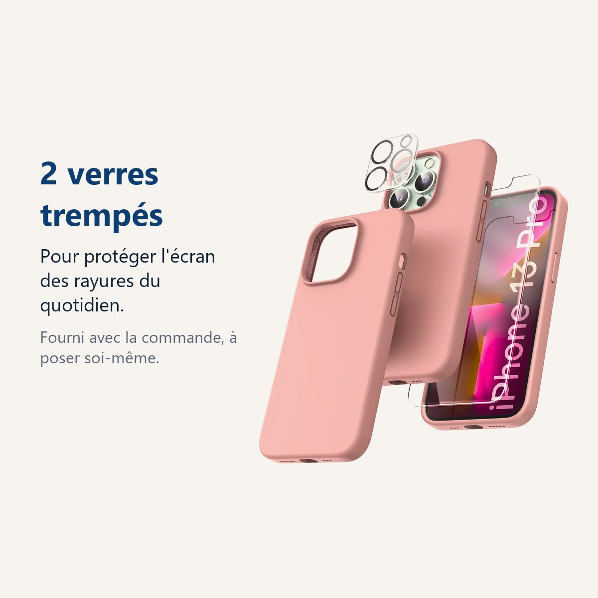 Verre trempé pour protéger lécran – Coque Silicone Rose + Verres Trempés et Protections Caméra Arrière X2 Pour iPhone 13 Pro