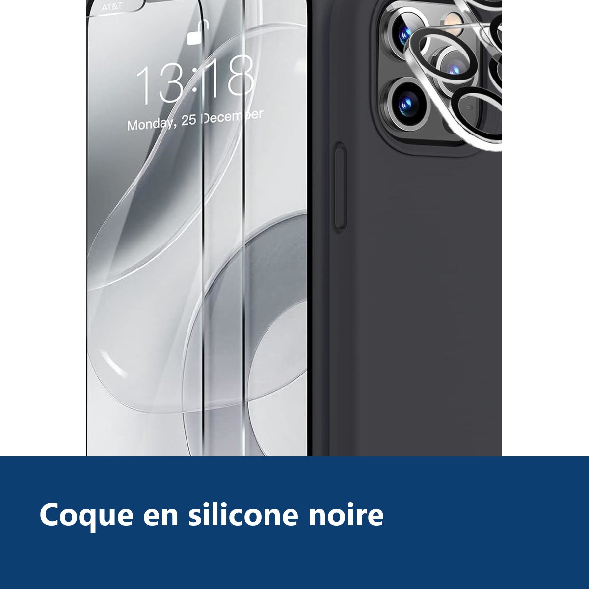 Vue de détail – Coque Silicone Noir + Verres Trempés et Protections Caméra Arrière X2 Pour iPhone 12 Pro