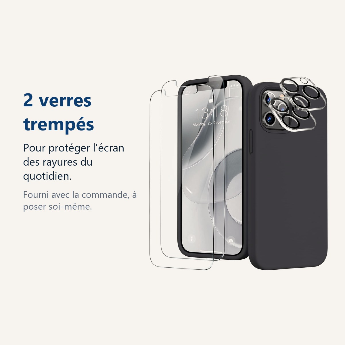 Verre trempé pour protéger lécran – Coque Silicone Noir + Verres Trempés et Protections Caméra Arrière X2 Pour iPhone 12 Pro