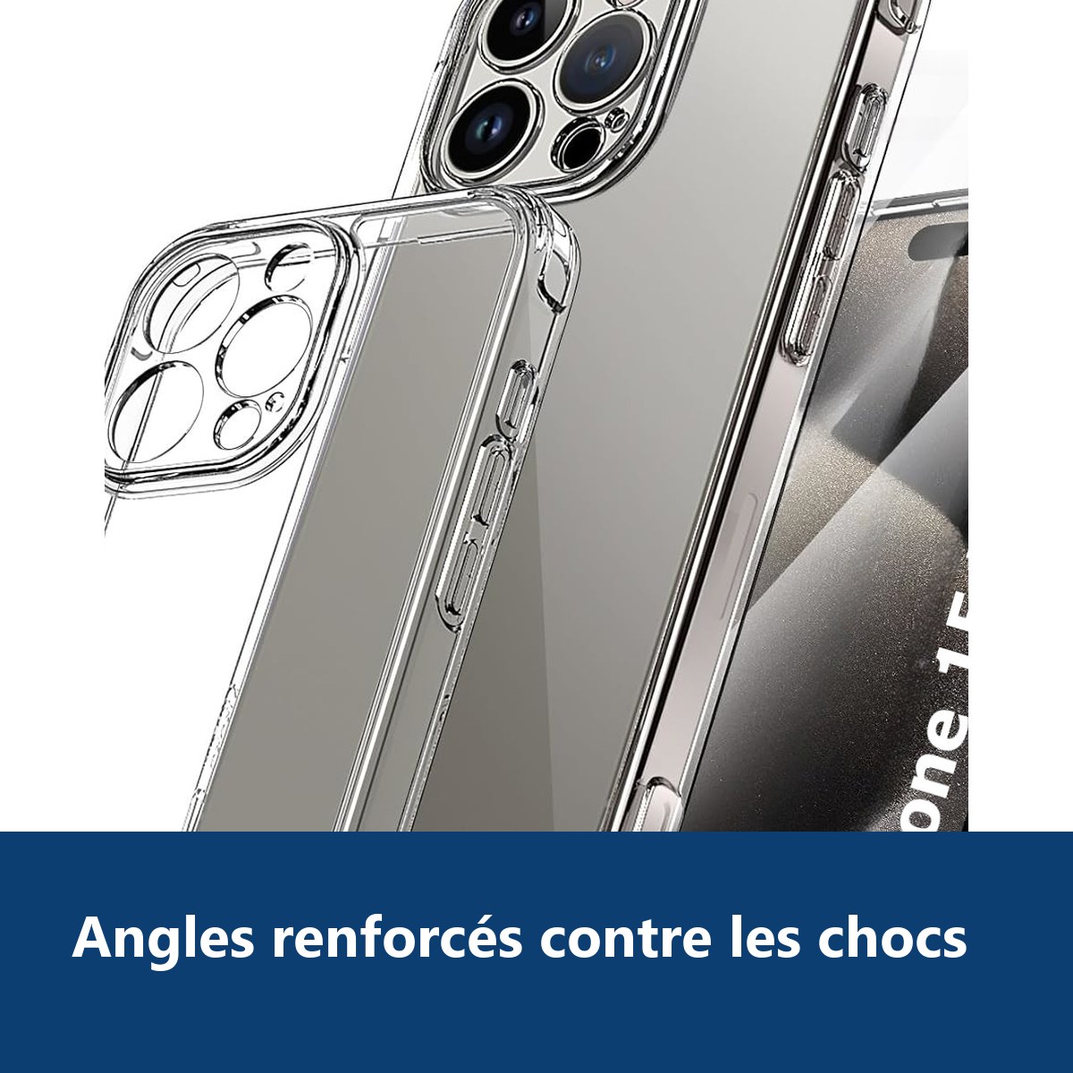 Vue de détail – Coque Pour iPhone 15 Pro Max Silicone Transparente Angles Renforcés + Verre Trempé