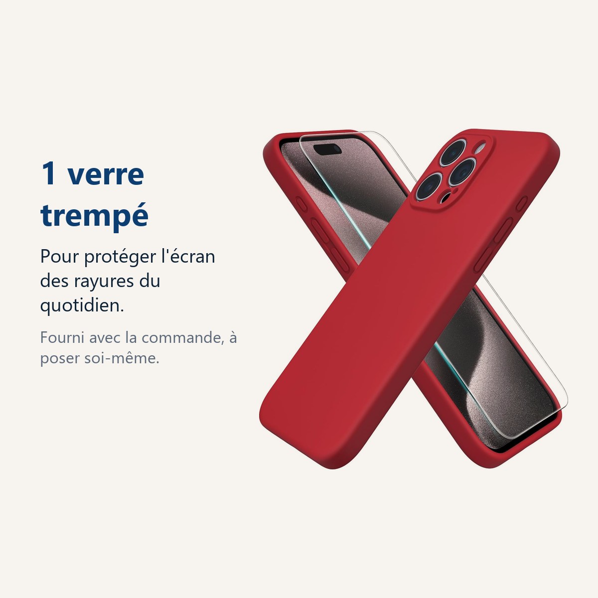 Verre trempé pour protéger lécran – Coque Silicone Rouge + Verre Trempé Pour iPhone 15 Pro Max