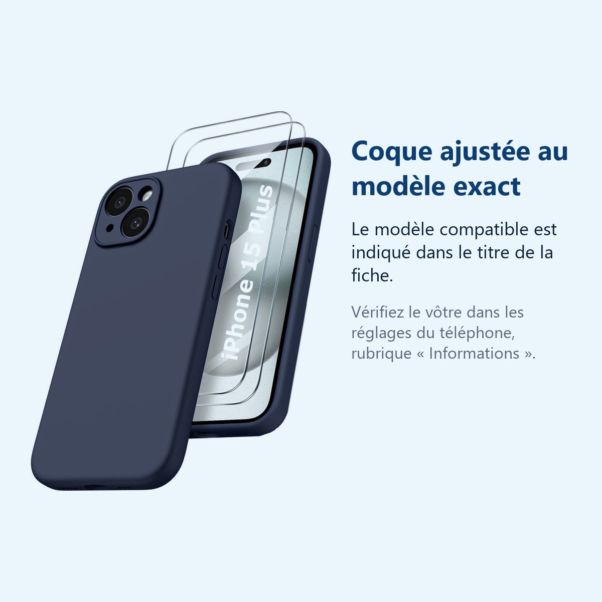 Accessoire ajusté au modèle exact – Coque Silicone Bleu Nuit + 2 Verres Trempés Pour iPhone 15 Plus