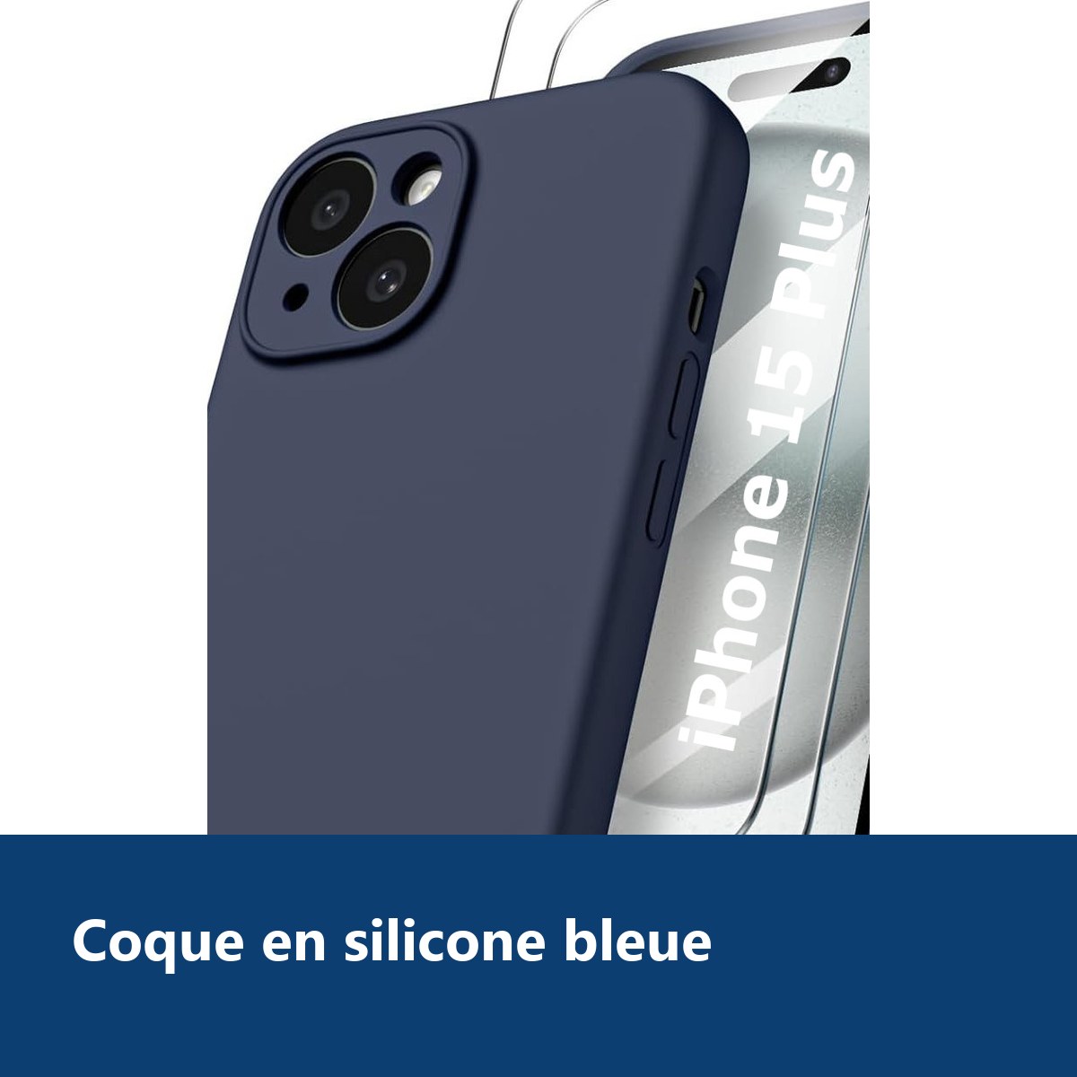Vue de détail – Coque Silicone Bleu Nuit + 2 Verres Trempés Pour iPhone 15 Plus