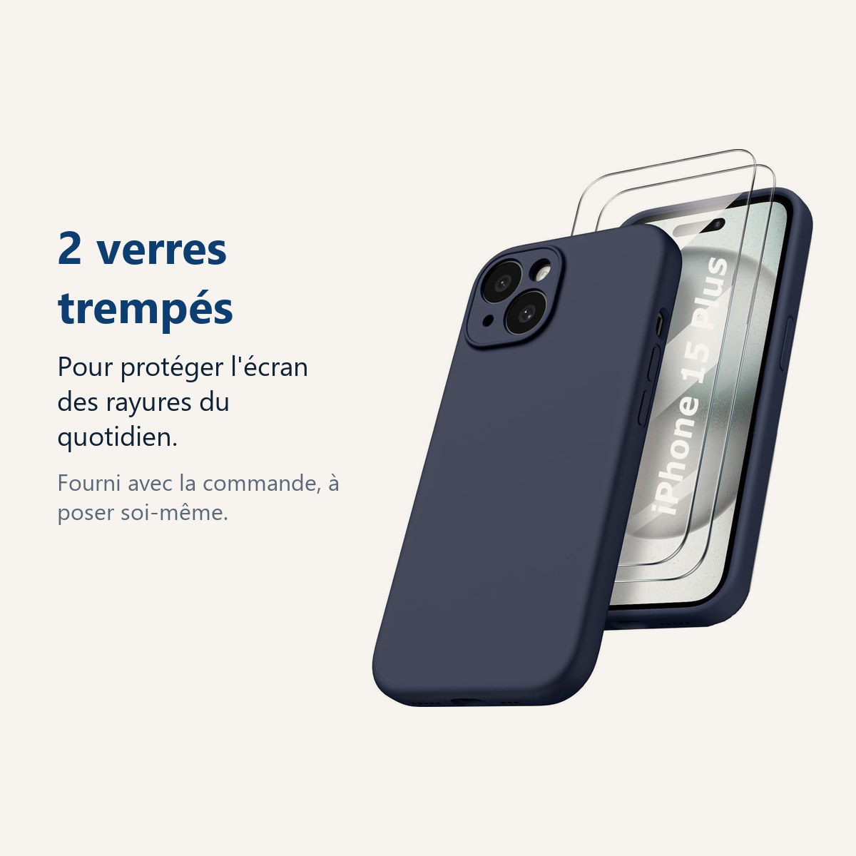 Verre trempé pour protéger lécran – Coque Silicone Bleu Nuit + 2 Verres Trempés Pour iPhone 15 Plus