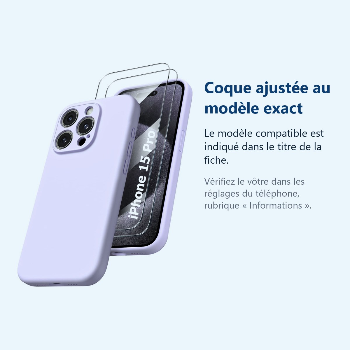 Accessoire ajusté au modèle exact – Coque Silicone Violet + 2 Verres Trempés Pour iPhone 15 Pro