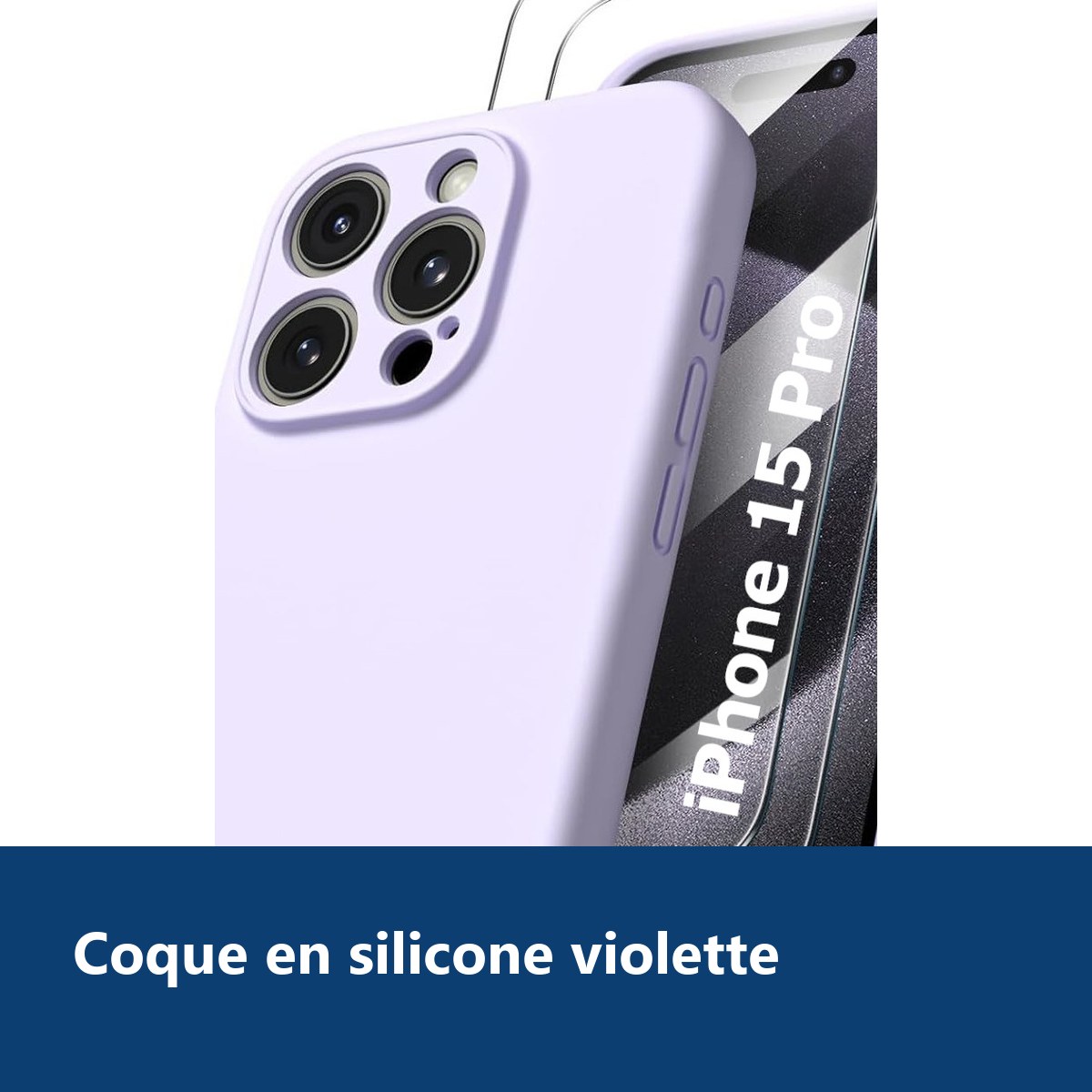 Vue de détail – Coque Silicone Violet + 2 Verres Trempés Pour iPhone 15 Pro