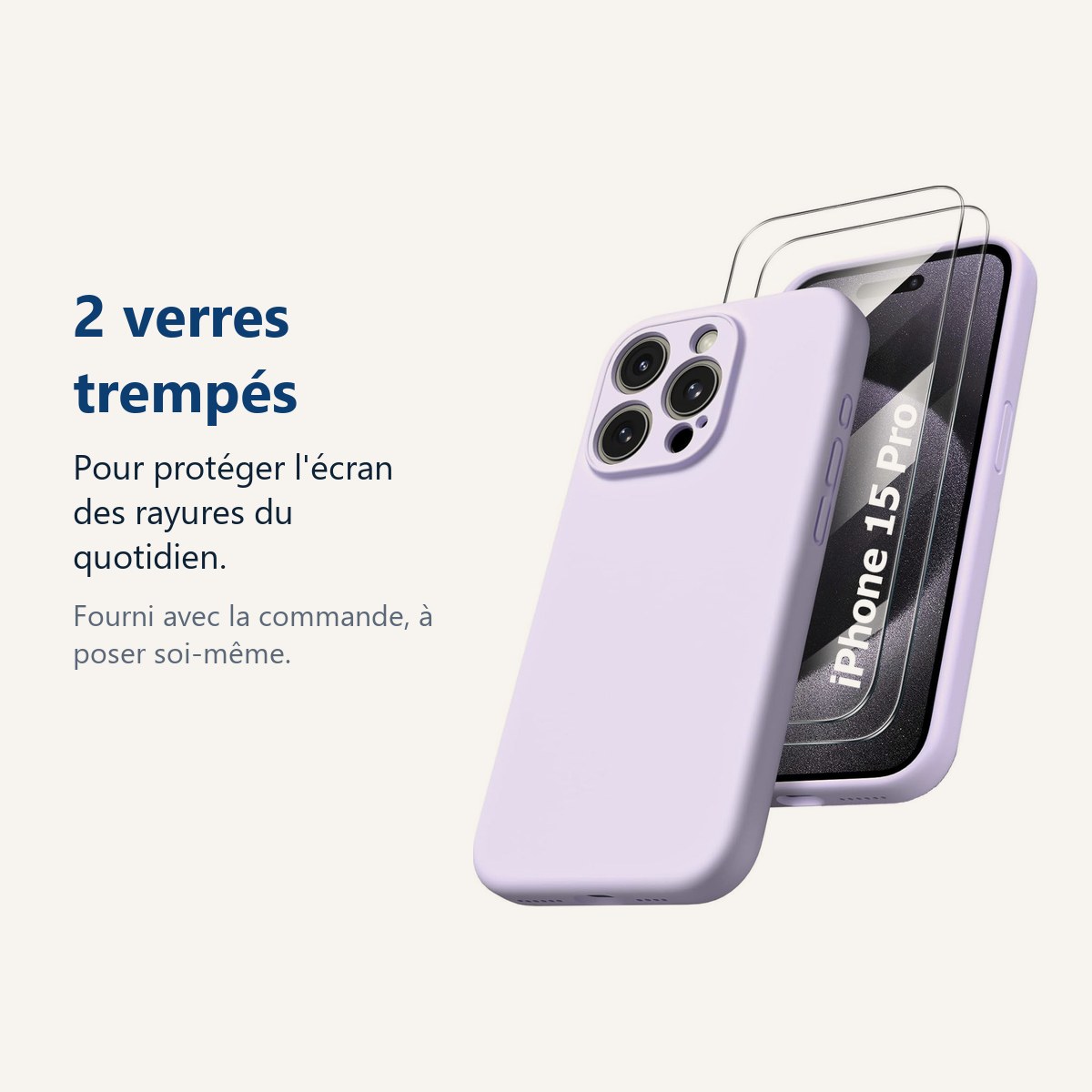 Verre trempé pour protéger lécran – Coque Silicone Violet + 2 Verres Trempés Pour iPhone 15 Pro