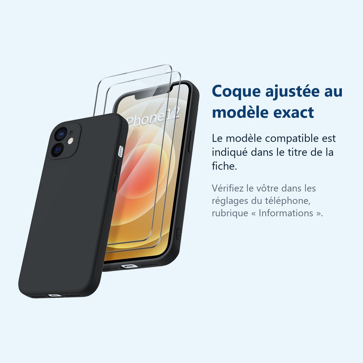 Accessoire ajusté au modèle exact – Coque Noir pour iPhone 12 (6,1 pouces) et 2 Verres Trempé Film Protection Ecran
