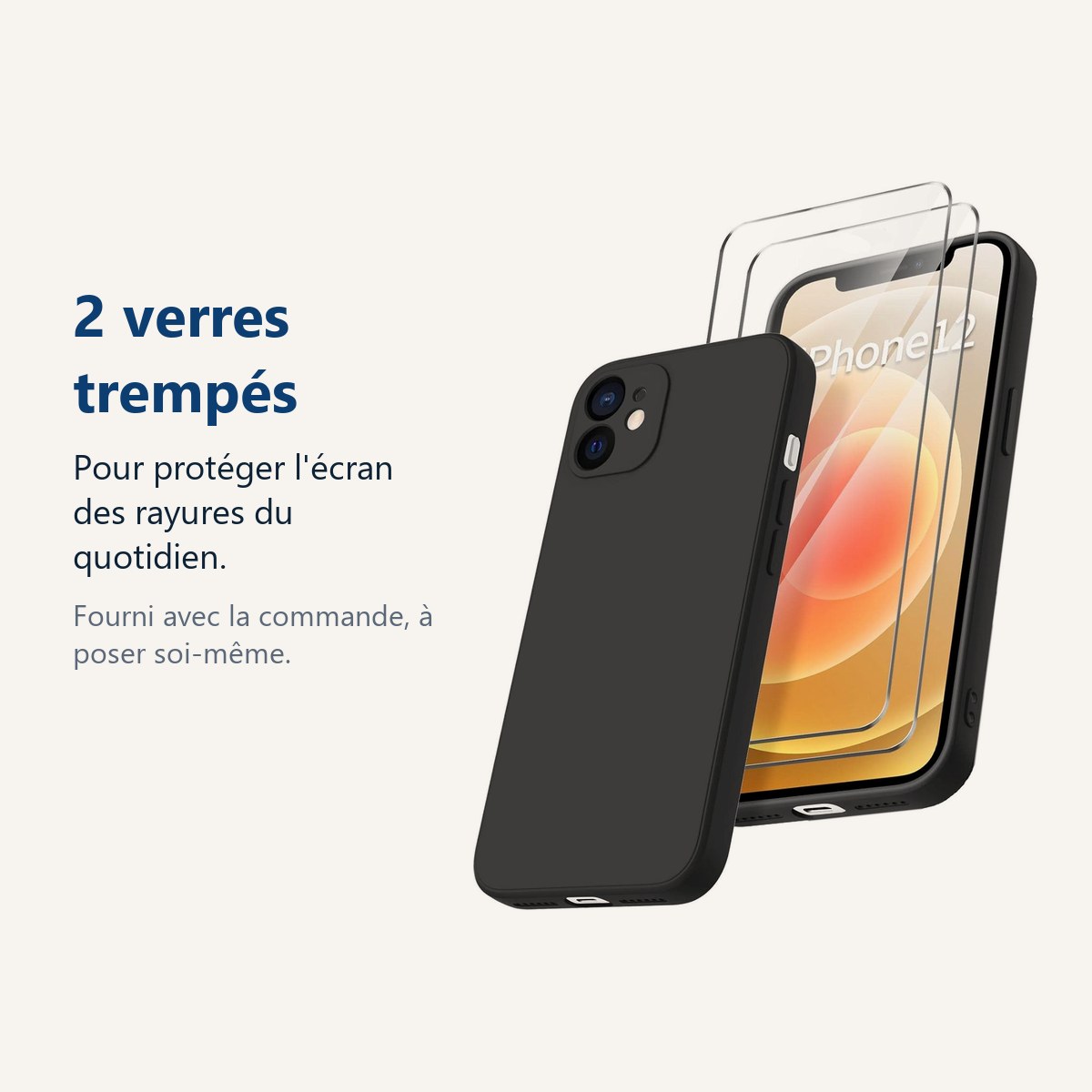 Verre trempé pour protéger lécran – Coque Noir pour iPhone 12 (6,1 pouces) et 2 Verres Trempé Film Protection Ecran