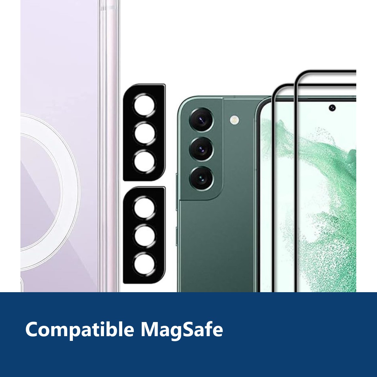 Vue de détail – Coque Silicone Transparente Compatible Magsafe + Verres Trempés et Protections Caméra Arrière X2 Pour Samsung