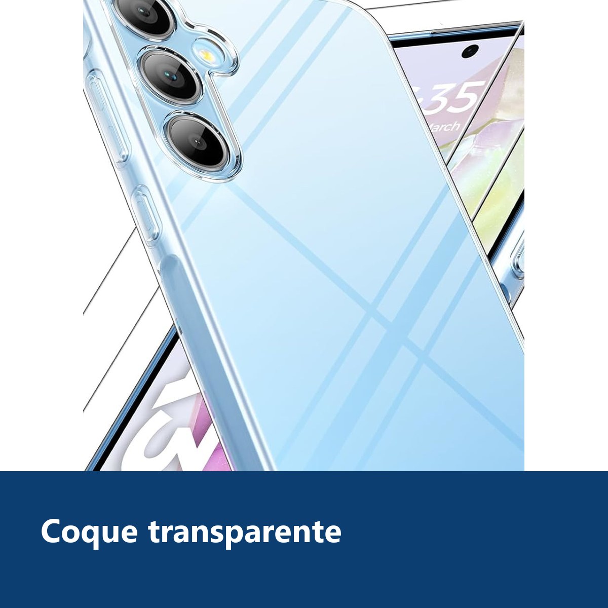 Vue de détail – Coque Silicone Transparente + 2 Verres Trempés Pour Samsung Galaxy A35 5G