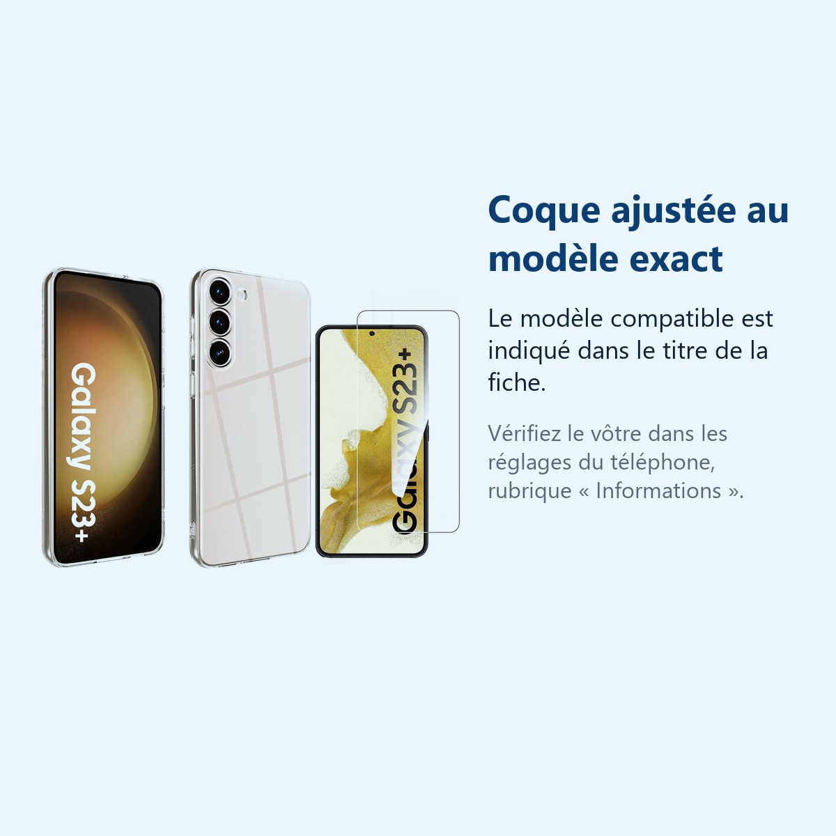 Accessoire ajusté au modèle exact – Coque Transparente pour Samsung Galaxy S23 Plus (6,6 pouces) et Verre Trempé Film Protect