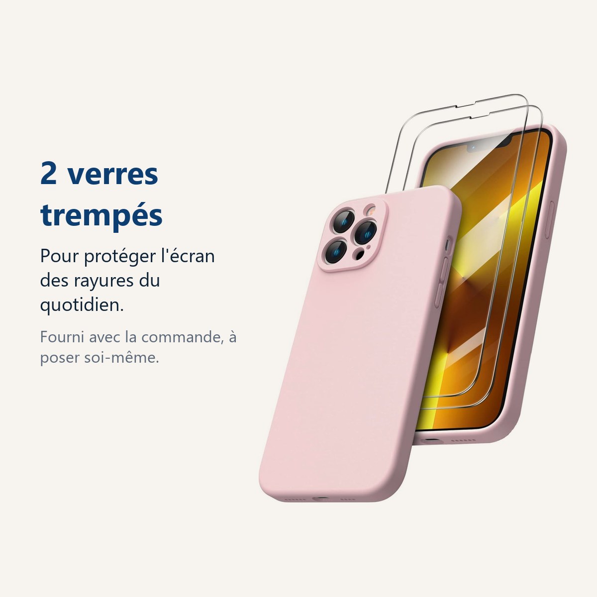 Verre trempé pour protéger lécran – Coque Rose pour iPhone 13 Pro Max (6,7 pouces) et 2 Verres Trempé Film Protection Ecran